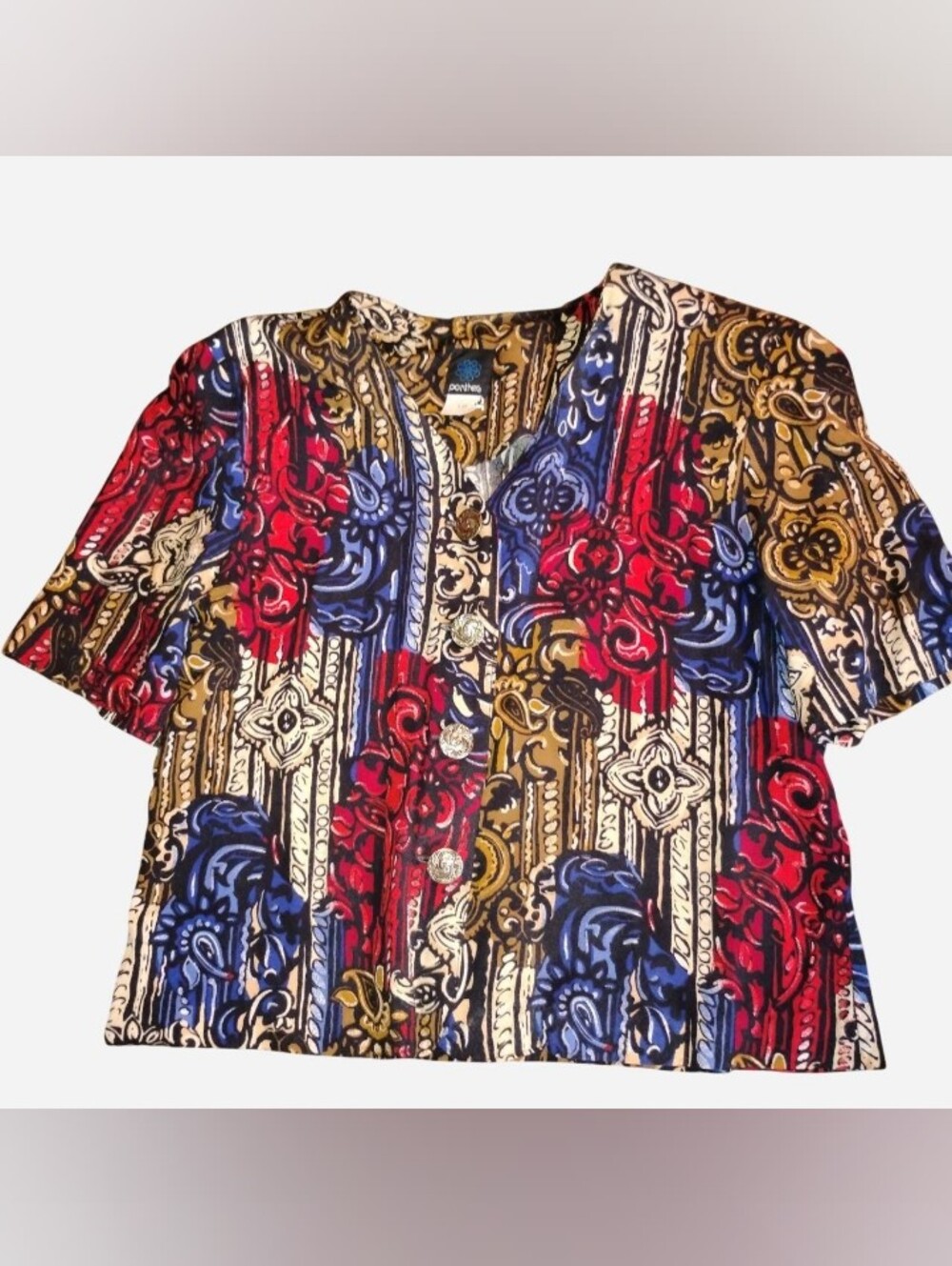 Vintage 80s 90s Panther Baroque Paisley Rayon Blouse Top Womens Size 10 Red Blue